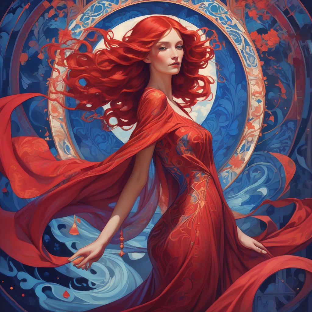  mage crimson (painting of a well endowed woman in a striking red dress), vibrant, flowing red hair, red cape draping elegantly, (deep blue psychedelic background), surreal forms and patterns intertwining, created in the style of alphonse mucha, rich color saturation, ethereal and dreamlike atmosphere, (intricate textures), visually captivating, 4k quality, poster art aesthetic.