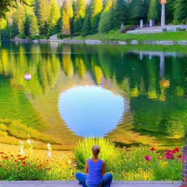  a person standing at the edge of a tranquil lake, gazing at their reflection in the water. the scene is set during sunrise, with soft golden hues illuminating the surroundings. the individual appears contemplative, with a mix of emotions visible on their face. surrounding the lake are lush green trees and colorful wildflowers, symbolizing growth and potential. the atmosphere is serene and peaceful, inviting introspection and self discovery.