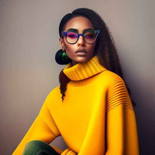 estilovintedois estilovintedois, a young woman sitting on a yellow stool. She is wearing a black sweater with a colorful design on the front. The design is made up of red, blue, green, and purple sequins that are arranged in a geometric pattern. The woman has blonde hair styled in a high bun and is wearing round glasses. She has a serious expression on her face and is looking directly at the camera. The background is a plain grey color, but the room is on fire , highly detailed, cinematic lighting, intricate, sharp focus, f/1. 8, 85mm, (centered image composition), (professionally color graded), ((bright soft diffused light)), volumetric fog, trending on instagram, HDR 4K, 8K