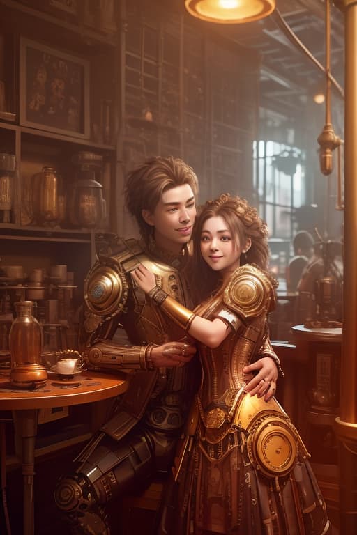  a boy hugs a girl in a coffee shop, both smiling happily at each other., meccog,cog,the photograph has a cinematic quality to it, with dramatic lighting that emphasizes the beauty of the model advertising photo,high quality, good proportion, masterpiece , the image is captured with an 8k camera