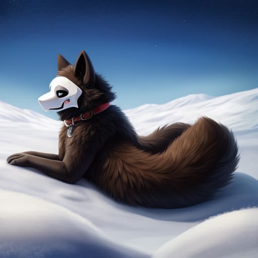  Puro, Lying down, fluffy tail, Brown fur, Big Tail, Fluffy body, Fur with snow, Arctic background eviroment, Collar, open eyes, digital art, masterpiece, 4k, fine details,