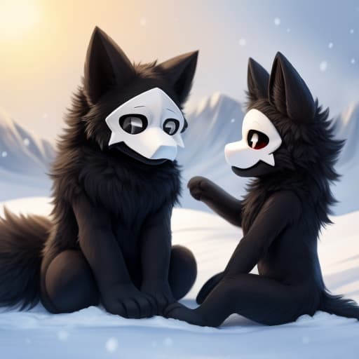  Puro, Purple/Black Fur, Cute, Trio , Sitting on other, snow background, snow florest background, open eyes, digital art, masterpiece, 4k, fine details,