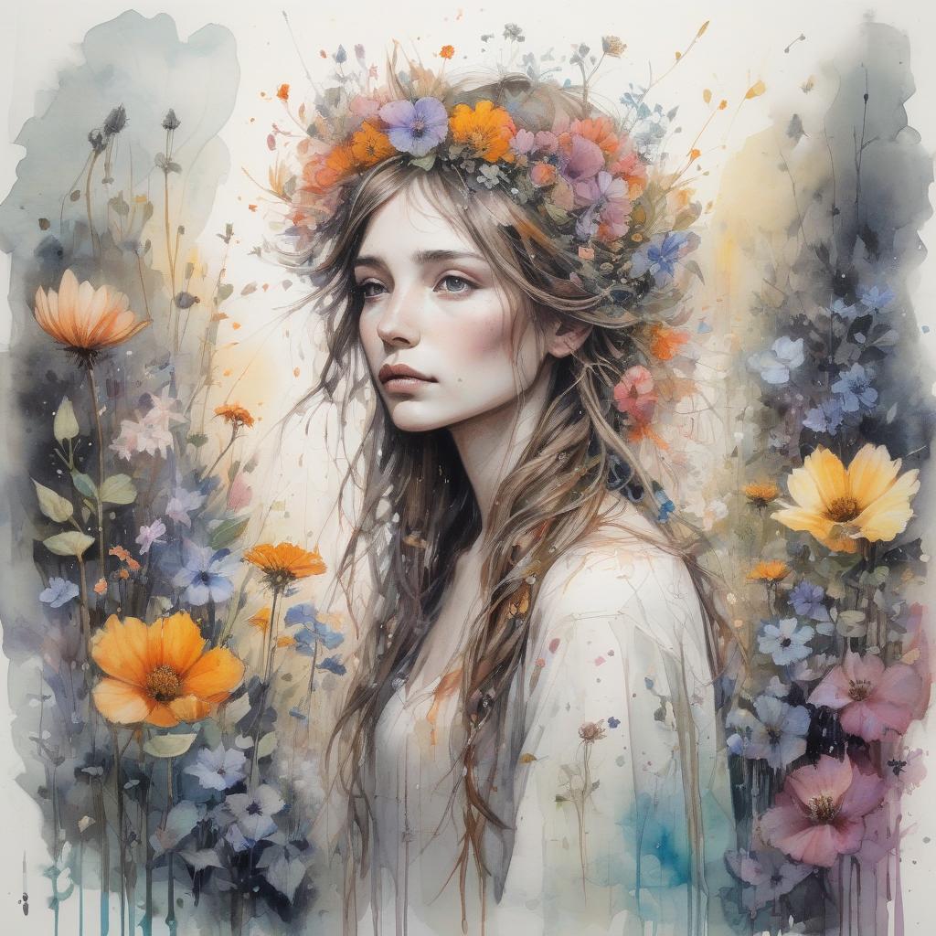  watercolor painting portrait of a mysterious woman with flowers in her hair, immersed in a dreamy, flower strewn landscape. background drawing with black wildflowers and irregular geometric shapes, works by jean baptiste monge, carne griffiths, beautiful, radiant, colorful, over detailed, detailed, sublime, perfection, photorealistic, bright, rear view, full length, sensual, shy and timid, . vibrant, beautiful, painterly, detailed, textural, artistic