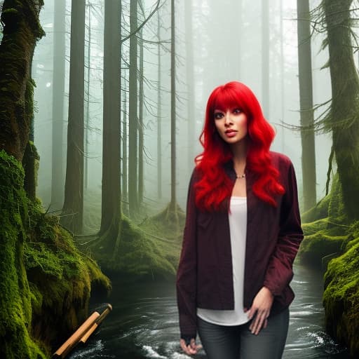  portrait in three quarters a brightly red haired woman, standing on a partially destroyed wooden suspension bridge over a small forest stream under heavy rain hyperrealistic, full body, detailed clothing, highly detailed, cinematic lighting, stunningly beautiful, intricate, sharp focus, f/1. 8, 85mm, (centered image composition), (professionally color graded), ((bright soft diffused light)), volumetric fog, trending on instagram, trending on tumblr, HDR 4K, 8K