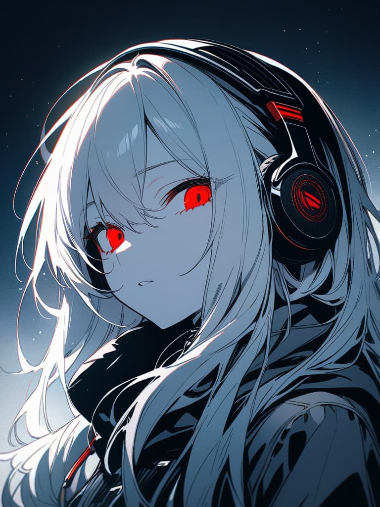  wearing headphones, long hair, cool, cool, female, monochrome, eyes red, masterpiece, best quality,8k,ultra detailed,high resolution,an extremely delicate and beautiful,hyper detail