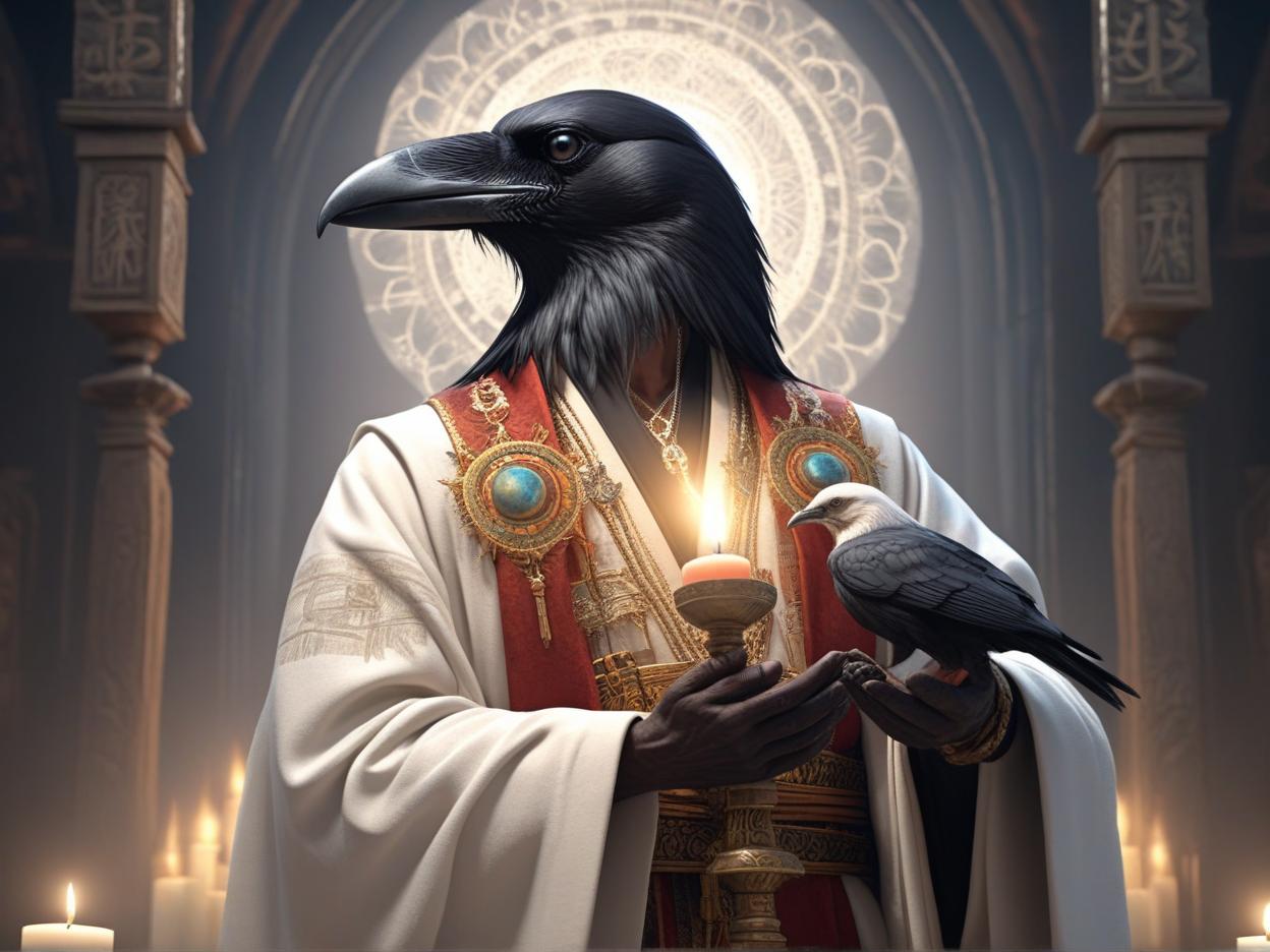  a holy crow man wearing a robe holding a holy libram while standing at an altar, high quality, high details, hd, perfect composition, 4k epic detailed, highly detailed, sharp focus, high resolution