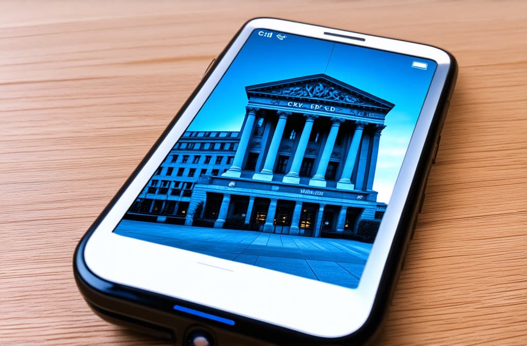  professional detailed photography, smartphone, on the smartphone screen is a bank building and the inscription "cbdc", in light and dark blue tones ar 3:2, (muted colors, dim colors, soothing tones), (vsco:0.3)