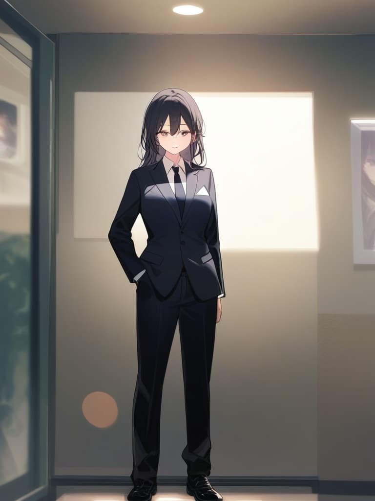  1, 1 girl, black hair, long hair, true face, suit, ((whole body picture)), pants