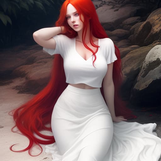  the woman has long red hair, wearing a white top