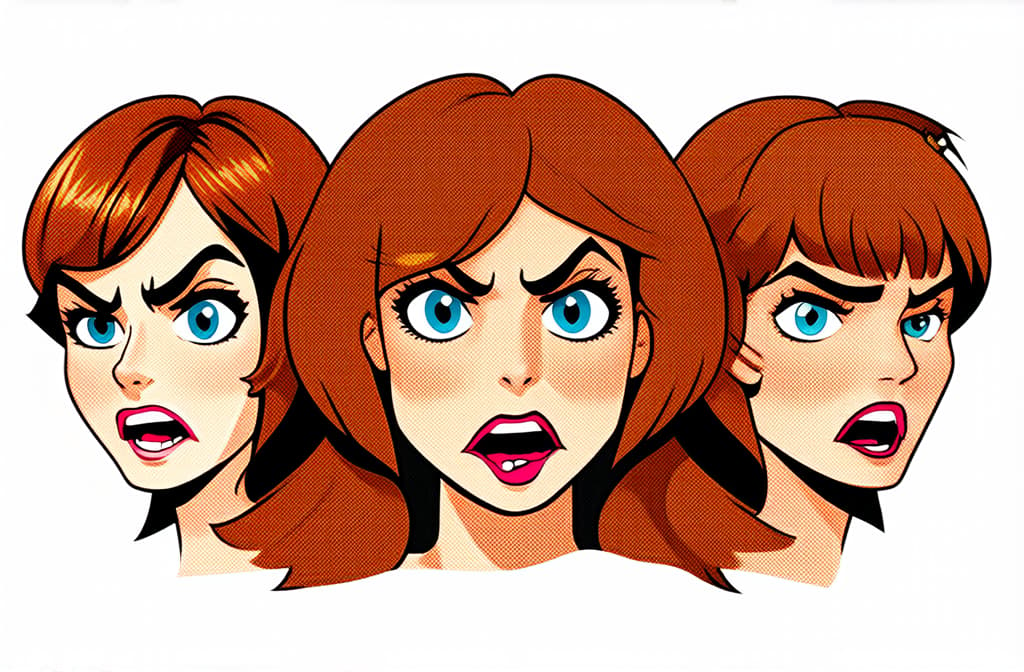  set of 3 faces of angry caucasian women isolated on white background, close up, funny cartoon illustration ar 3:2 {prompt}, maximum details