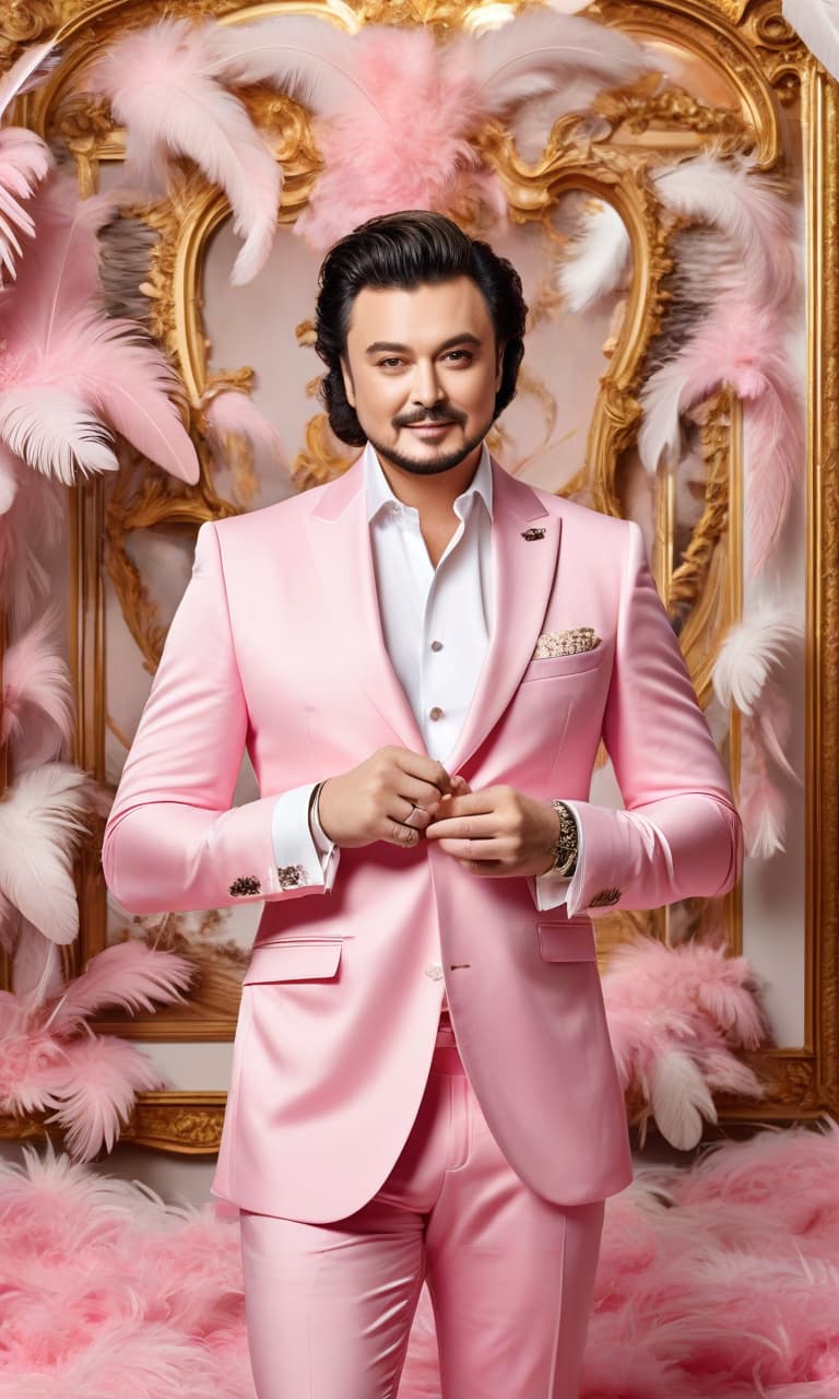  concept art color pink, white, black, gold pink room philip kirkorov in a gold suit of flats and feathers . digital artwork, illustrative, painterly, matte painting, highly detailed, perfect hands