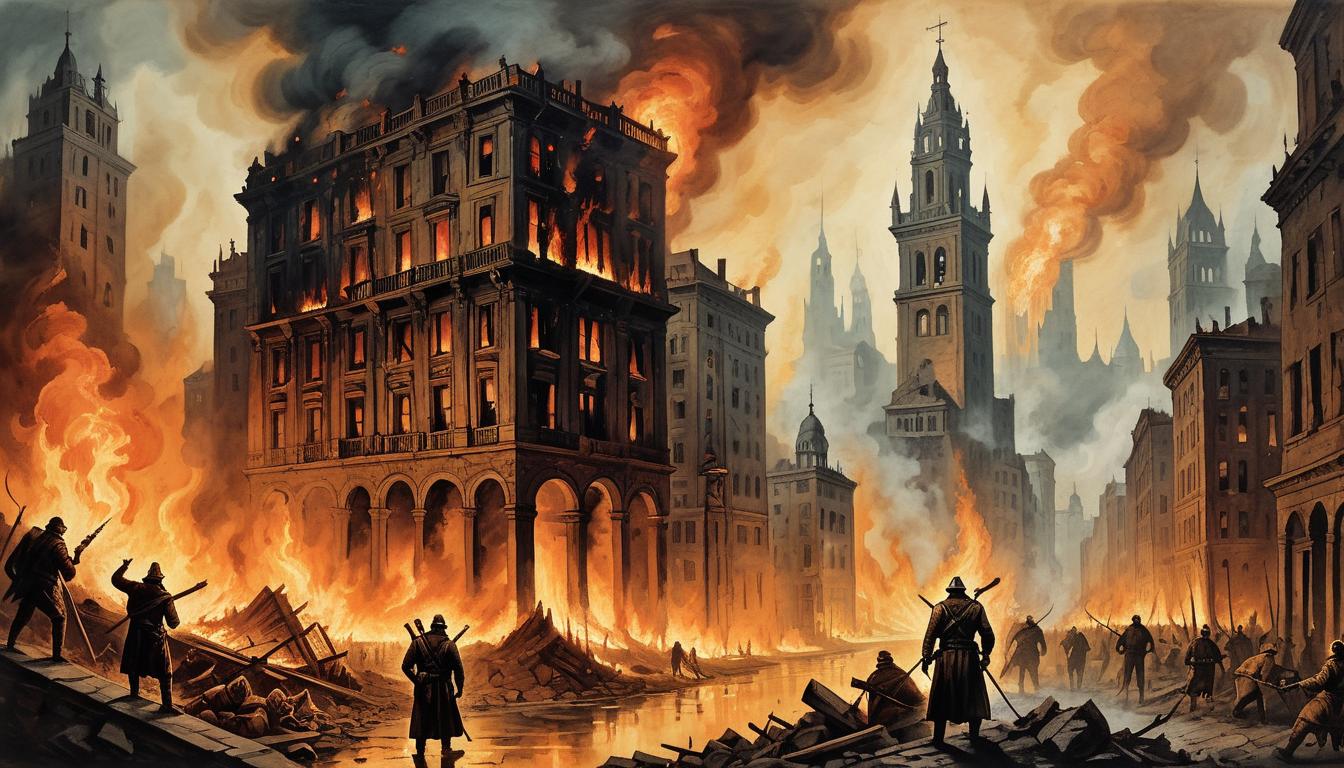  on parchment, surrealism+++, towering inferno, crumbling cityscape engulfed in flames, figures fleeing in desperation, night sky streaked with fire, chaos, destruction, undeniable failure(mysterious, provocative, symbolic,muted color)+++