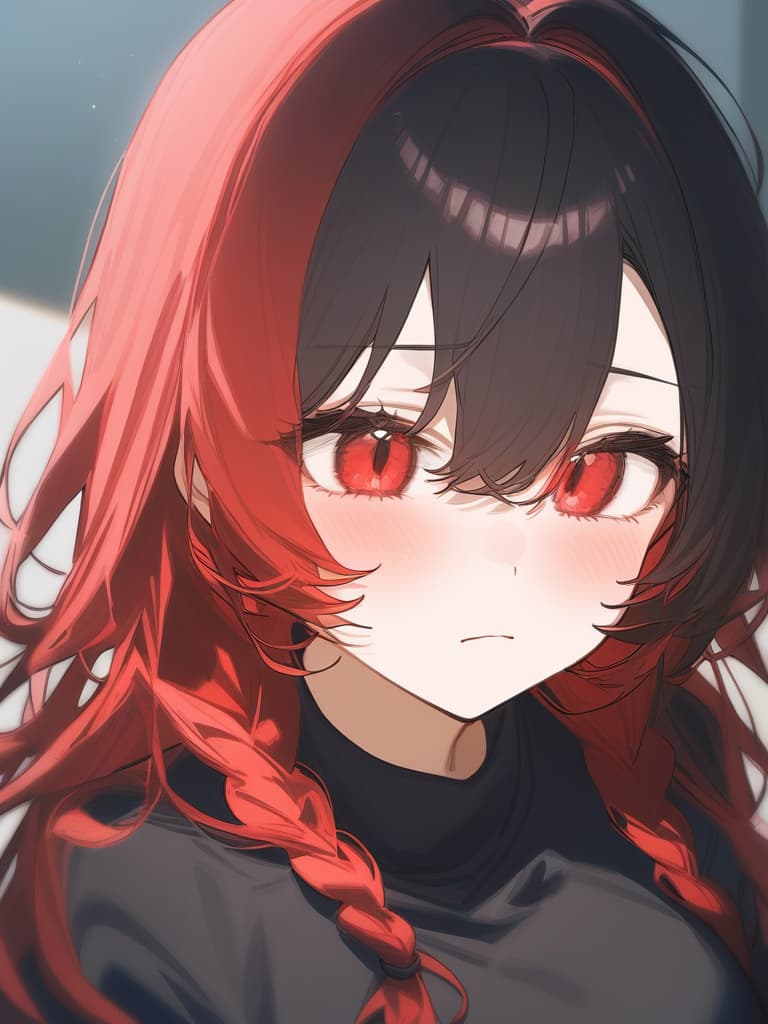  one girl, black hair, red eye, red black hair, red hair mesh, long hair, complex braid, young expression, hair color black main