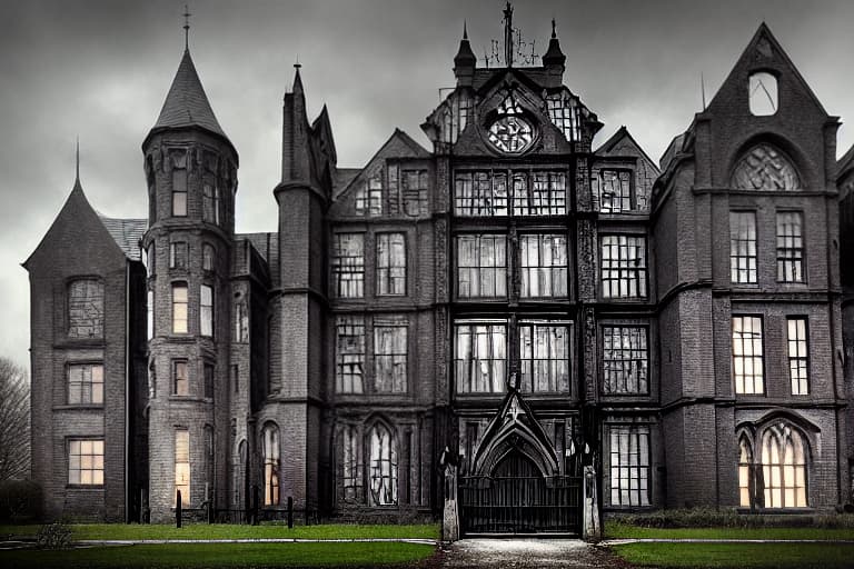  Arkham Asylum* Create a street view image of Arkham Asylum's entrance, showcasing its imposing gothic architecture, iron gates, and eerie atmosphere.