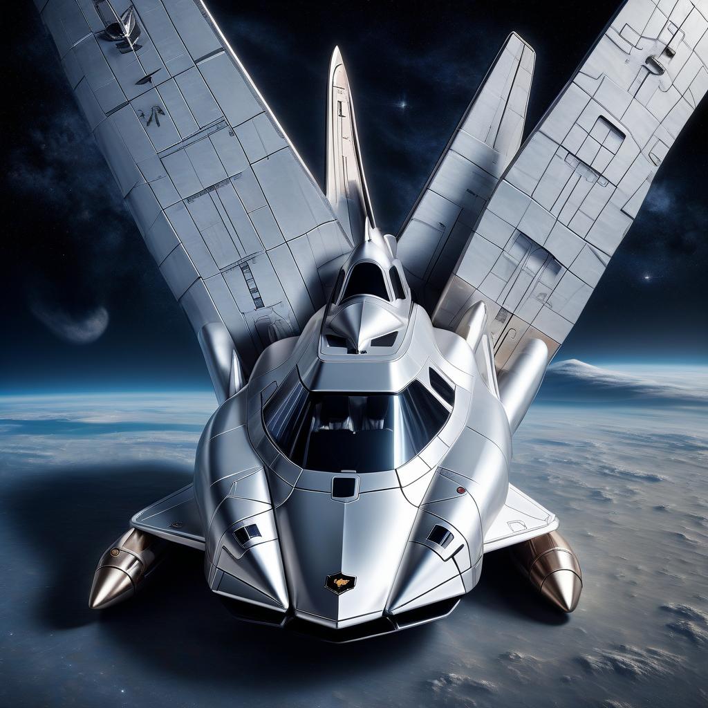  space themed the space shuttle looks like a lamborghini countach, silver color, in the styles of futurism, dieselpunk and steampunk. . cosmic, celestial, stars, galaxies, nebulas, planets, science fiction, highly detailed