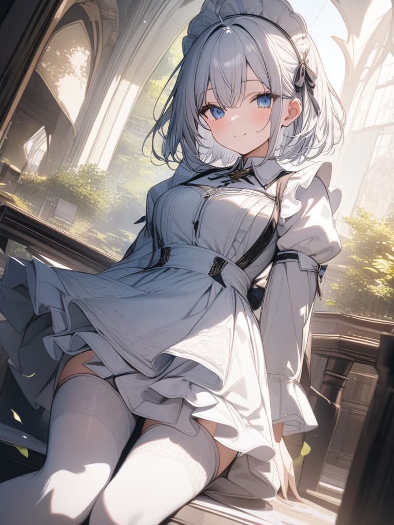  big s, silver hair, blue eyes, white maid, white headdress, beautiful , cute, white tights, short hair, front, large s, smiles, masterpiece, best quality,8k,ultra detailed,high resolution,an extremely delicate and beautiful,hyper detail