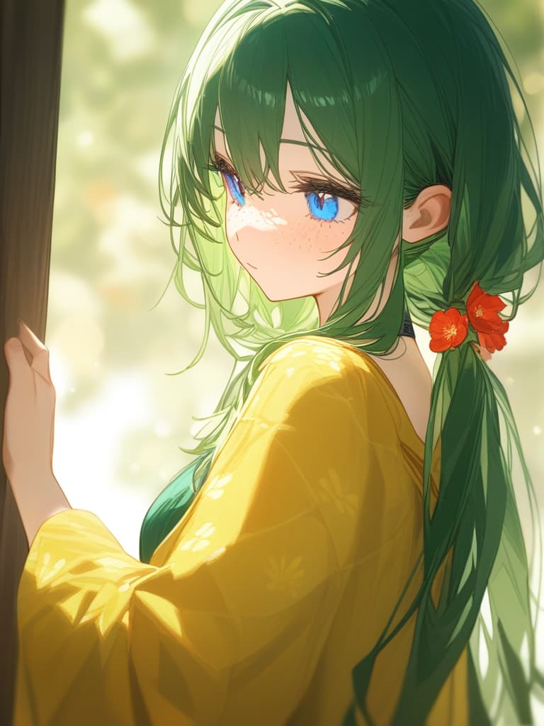  deep green hair, blue eyes, low twin tails, yellow green kimonos, red flowers, freckles, masterpiece, best quality,8k,ultra detailed,high resolution,an extremely delicate and beautiful,hyper detail