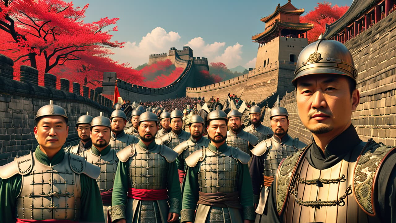  @ image prompt: a historical collage illustrating the major chinese dynasties, featuring iconic symbols like the great wall, the terracotta army, and the forbidden city, set against a backdrop of ancient scrolls and maps, showcasing the rich tapestry of china's dynastic history. hyperrealistic, full body, detailed clothing, highly detailed, cinematic lighting, stunningly beautiful, intricate, sharp focus, f/1. 8, 85mm, (centered image composition), (professionally color graded), ((bright soft diffused light)), volumetric fog, trending on instagram, trending on tumblr, HDR 4K, 8K