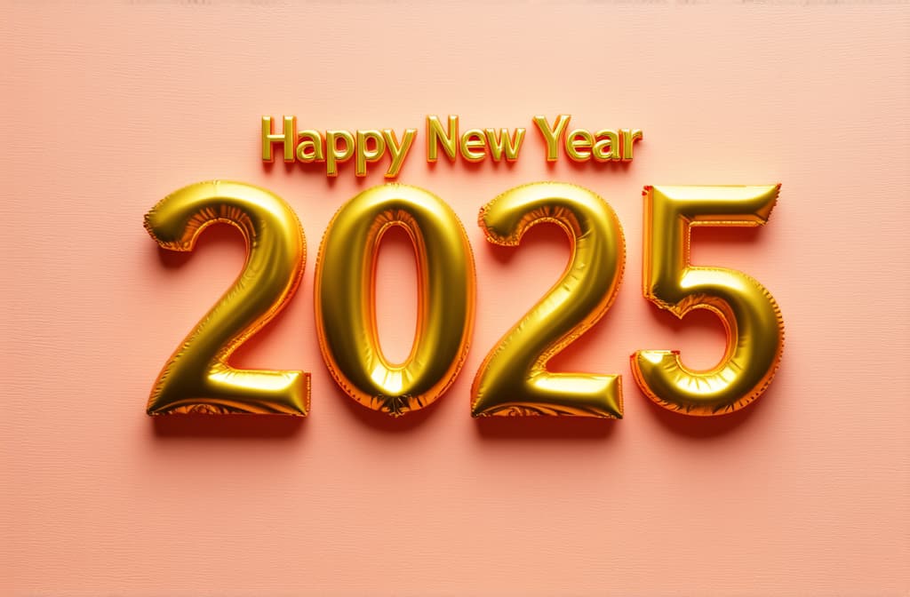  professional detailed photography, happy new year 2025 poster on peach background ar 3:2, (muted colors, dim colors, soothing tones), (vsco:0.3)