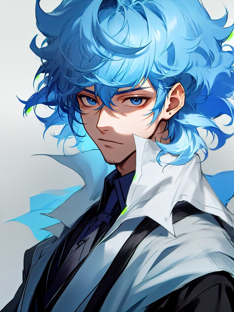  masterpiece,one male,handsome,delicate blue hair color,afro hairstyle,sharp eyes,delicate black eye color,larynx,western shirt,high quality,16k