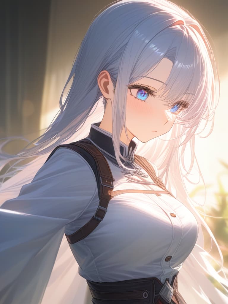  white dress, white hair long, light blue eyes, light blue flowers, masterpiece, best quality,8k,ultra detailed,high resolution,an extremely delicate and beautiful,hyper detail hyperrealistic, full body, detailed clothing, highly detailed, cinematic lighting, stunningly beautiful, intricate, sharp focus, f/1. 8, 85mm, (centered image composition), (professionally color graded), ((bright soft diffused light)), volumetric fog, trending on instagram, trending on tumblr, HDR 4K, 8K