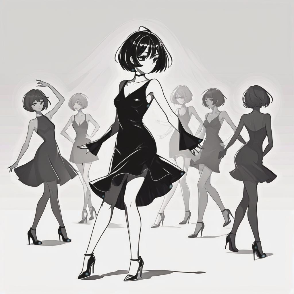  line art drawing girl in little black dress and high heel shoes, short hair. dancing, same nightmare. anime style . professional, sleek, modern, minimalist, graphic, line art, vector graphics