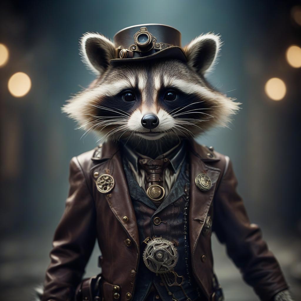  cinematic film still steam punk, ghost raccoon. . shallow depth of field, vignette, highly detailed, high budget, bokeh, cinemascope, moody, epic, gorgeous, film grain, grainy