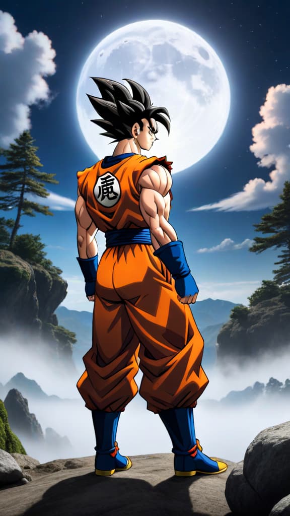  saiyan without a tail standing under the full moon, no oozaru transformation, dragon ball, anime art, no violence hyperrealistic, full body, detailed clothing, highly detailed, cinematic lighting, stunningly beautiful, intricate, sharp focus, f/1. 8, 85mm, (centered image composition), (professionally color graded), ((bright soft diffused light)), volumetric fog, trending on instagram, trending on tumblr, HDR 4K, 8K