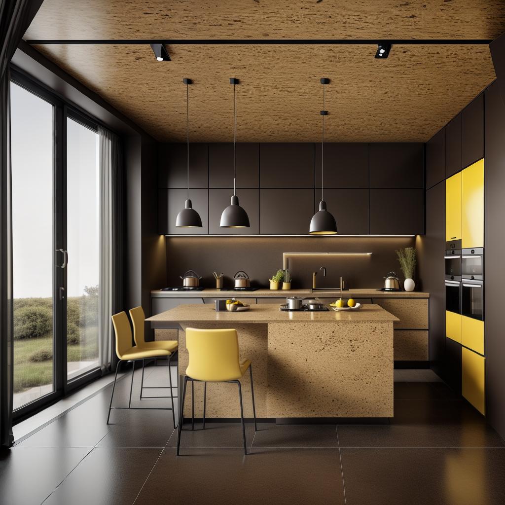  high resolution, photorealistic image of a modern kitchen with dark brown cabinets, countertops, and walls, featuring a yellow stone floor, sleek appliances, and warm lighting, advanced detail processing, styles for printing style raw, best quality, masterpiece