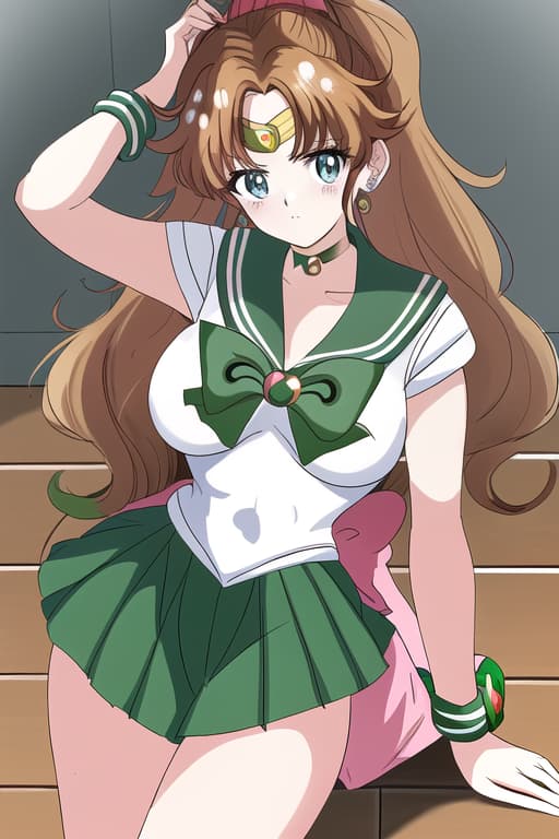  anime women capelli marroni occhi castani capelli a codini con frangetta top con scritto los angeles e cargo neri,(sailor jupiter:1.3), (masterpiece), (highest quality), (intricate), (high detail),women, masterpiece, best quality, high quality, solo