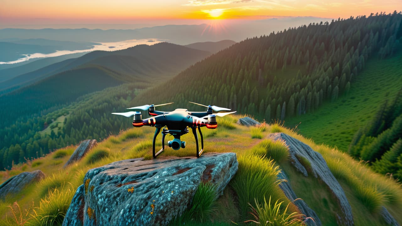  aerial view of a professional drone operator on a scenic cliff, capturing breathtaking landscapes with a high end drone, surrounded by vibrant nature and distant mountains, showcasing the art of drone photography. hyperrealistic, full body, detailed clothing, highly detailed, cinematic lighting, stunningly beautiful, intricate, sharp focus, f/1. 8, 85mm, (centered image composition), (professionally color graded), ((bright soft diffused light)), volumetric fog, trending on instagram, trending on tumblr, HDR 4K, 8K