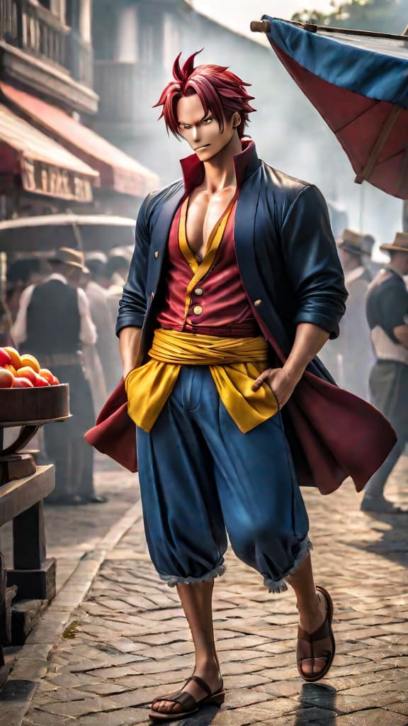  anime art: shanks sees luffy's potential akin to gol d. roger, letting him eat the gum gum fruit. hyperrealistic, full body, detailed clothing, highly detailed, cinematic lighting, stunningly beautiful, intricate, sharp focus, f/1. 8, 85mm, (centered image composition), (professionally color graded), ((bright soft diffused light)), volumetric fog, trending on instagram, trending on tumblr, HDR 4K, 8K