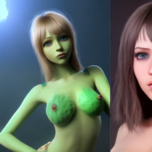 redshift style Mila Azul as a green-skinned humanoid female from another galaxy