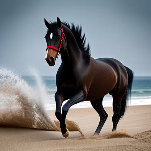  black horse running on the beach hyperrealistic, full body, detailed clothing, highly detailed, cinematic lighting, stunningly beautiful, intricate, sharp focus, f/1. 8, 85mm, (centered image composition), (professionally color graded), ((bright soft diffused light)), volumetric fog, trending on instagram, trending on tumblr, HDR 4K, 8K