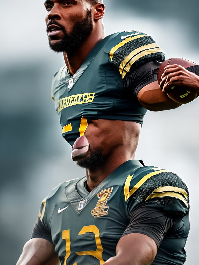  a football player hyperrealistic, full body, detailed clothing, highly detailed, cinematic lighting, stunningly beautiful, intricate, sharp focus, f/1. 8, 85mm, (centered image composition), (professionally color graded), ((bright soft diffused light)), volumetric fog, trending on instagram, trending on tumblr, HDR 4K, 8K