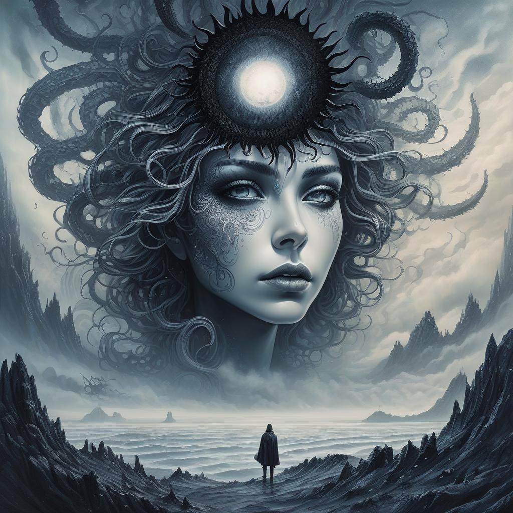  lovecraftian horror white foggy sky, black sun. black rock in background. stylistics: intricate zentangle patterns in the manner of karol bak, rahaf dk albab, andrew jones. bright colors. high quality and detail. hdr. masterpiece. double exposure. . eldritch, cosmic horror, unknown, mysterious, surreal, highly detailed, hkmagic