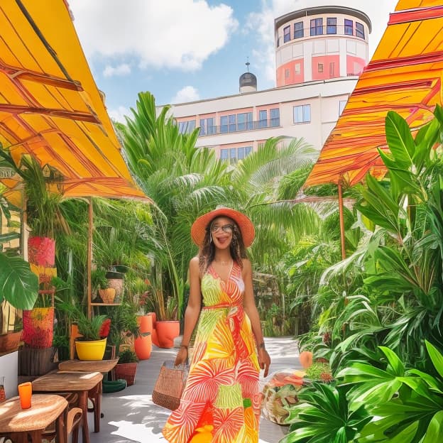  a vibrant and colorful scene showcasing a stylish cuban women’s fashion collection on a whimsical etsy marketplace in berlin. the setting features an eclectic mix of traditional cuban motifs and modern berlin aesthetics, with women of diverse backgrounds wearing bright, patterned dresses, handcrafted jewelry, and accessories inspired by cuban culture. the stalls are adorned with tropical plants, handmade crafts, and lively artwork, creating an inviting atmosphere. the background shows iconic berlin architecture with a touch of caribbean flair, reflecting the fusion of cultures. the lighting is warm and inviting, enhancing the vibrant colors of the fashion.