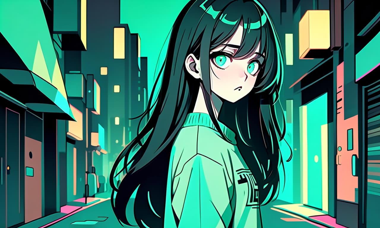  constructivist style a girl in anime style with long black hair stands on an empty and night street dressed in a sweater of warm pastel green color and pants. the girl looks into the darkness with black lower eyelids under the eyes full of fear of the unknown and curiosity, and the bright turquoise eyes themselves stand out against the background of everything. the image uses warm and bed tones . geometric shapes, bold colors, dynamic composition, propaganda art style