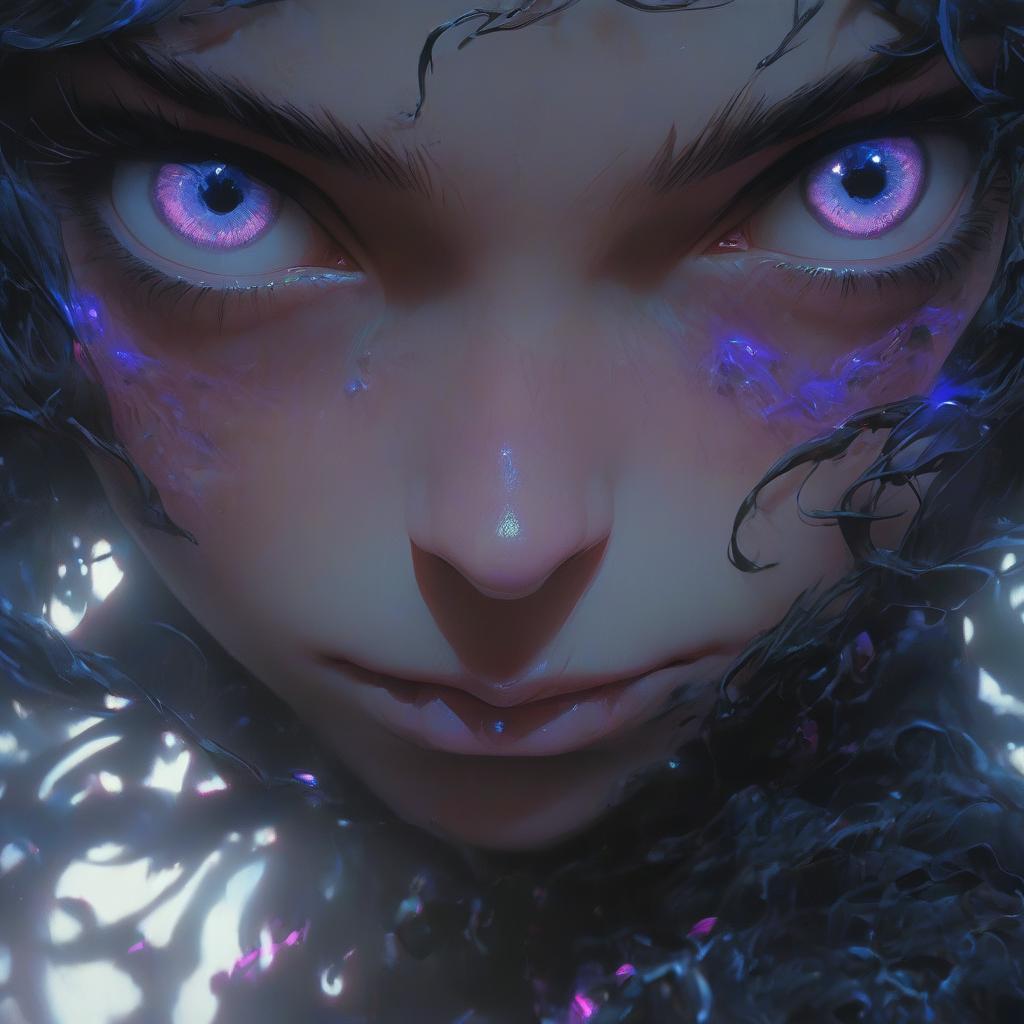  hyperrealistic art a close up of a person with blue eyes, artwork in the style of guweiz, led glowing purple eyes, oozing black goo, webtoon, cortana, the anime girl is running, synthetic skin, violet lighting, power auras, nezha, f 8, shinkai, art for the film in color, by kanō naizen . extremely high resolution details, photographic, realism pushed to extreme, fine texture, incredibly lifelike, oil painting, film photography style