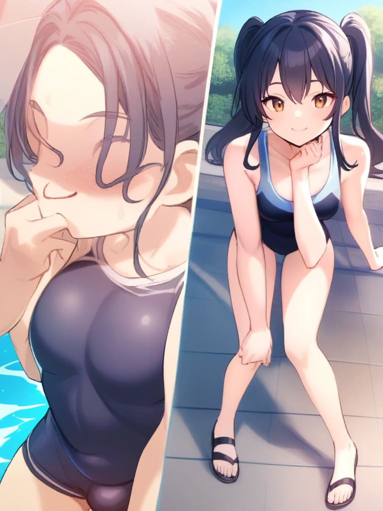  women's elementary students, twin tails, cute smiles, rich s, low stages, dark blue swimwear, old swimwear, swimwear, male, male, shaped clear , shaped clear phimosis, sharp stiff, male bulge, , front, whole body, pool side,