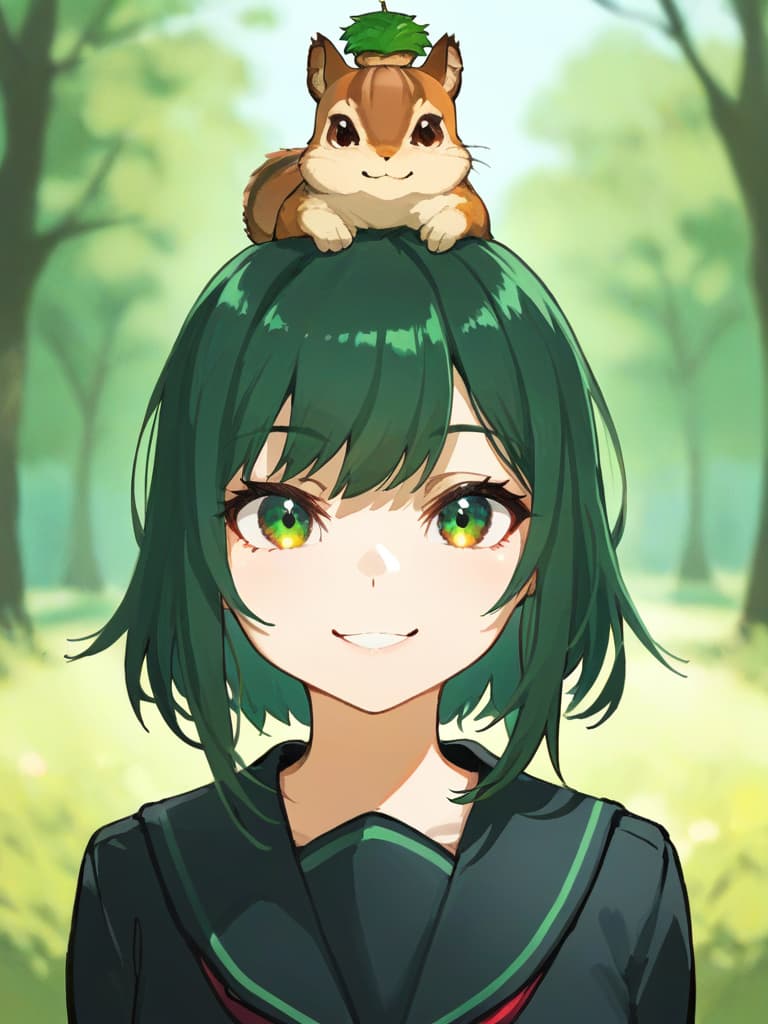  1girl,18yo,(((black high school uniform:1.5))),green hair, (((green graduated haircut hair:1.5))),(((very smile:1.3))),chipmunk,(((chipmunk on head:1.8)))