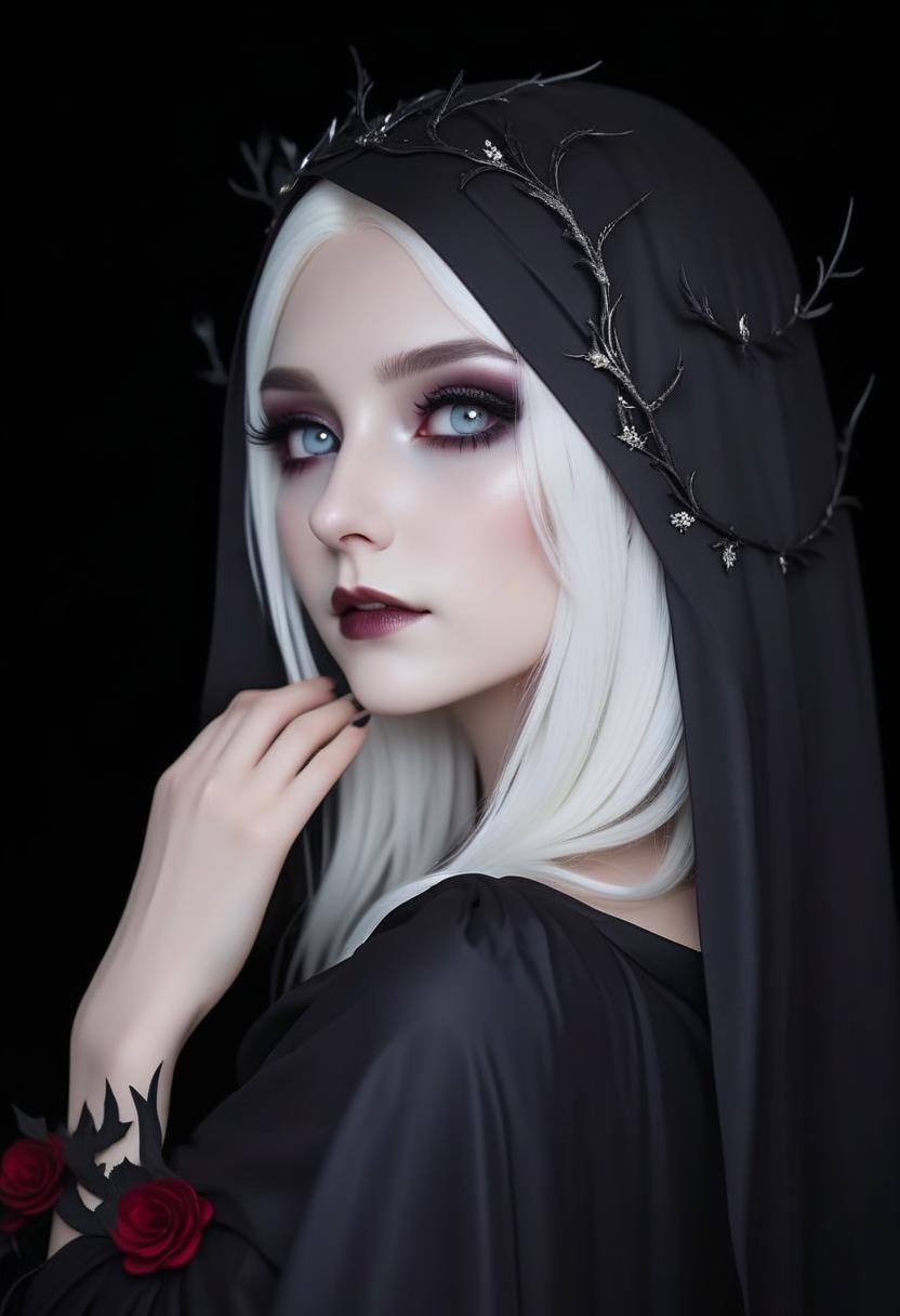  cinematic photo portrait, pale elven female, white hair and eyes, with black fethered wreath, standing with her back in a half turn, abstract background, dark and depressing, gothic makeup . 35mm photograph, film, bokeh, professional, 4k, highly detailed, perfect hands