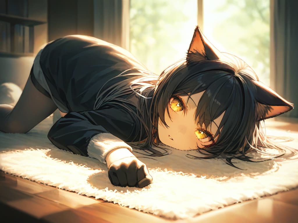  cat anthropomorphic black hair glows yellow with long hair, masterpiece, best quality,8k,ultra detailed,high resolution,an extremely delicate and beautiful,hyper detail