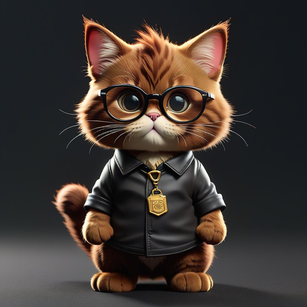  cartoon chocolate colored cat with glasses in a black shirt, sticker hyperrealistic, full body, detailed clothing, highly detailed, cinematic lighting, stunningly beautiful, intricate, sharp focus, f/1. 8, 85mm, (centered image composition), (professionally color graded), ((bright soft diffused light)), volumetric fog, trending on instagram, trending on tumblr, HDR 4K, 8K