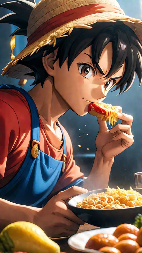  anime art of characters like goku and luffy eating, showcasing vitality and relatability through food. hyperrealistic, full body, detailed clothing, highly detailed, cinematic lighting, stunningly beautiful, intricate, sharp focus, f/1. 8, 85mm, (centered image composition), (professionally color graded), ((bright soft diffused light)), volumetric fog, trending on instagram, trending on tumblr, HDR 4K, 8K