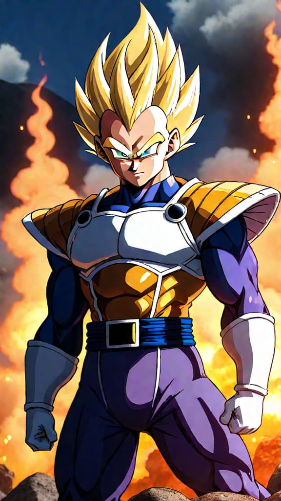  an anime art of vegeta's self sacrifice to save earth from majin buu in dragon ball z. hyperrealistic, full body, detailed clothing, highly detailed, cinematic lighting, stunningly beautiful, intricate, sharp focus, f/1. 8, 85mm, (centered image composition), (professionally color graded), ((bright soft diffused light)), volumetric fog, trending on instagram, trending on tumblr, HDR 4K, 8K