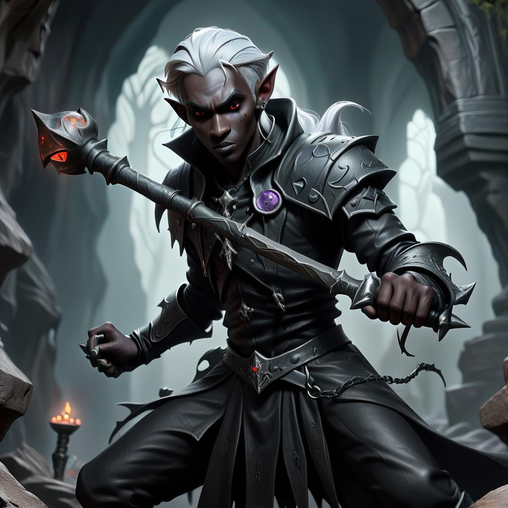  macabre style drow male elf cleric, simble plain black leather jacket, simple iron battle mace, dark cave temple . dark, gothic, grim, haunting, highly detailed, civitai, hkmagic, perfect hands