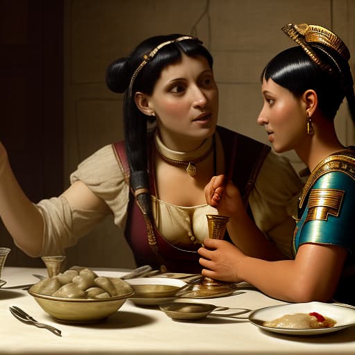  cicero shouts at cleopatra at the table. there are cups of dumplings on the table.