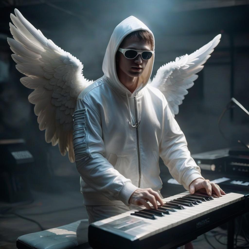  hyperrealistic art angel with a white face in a white hood with large wings in sunglasses with an electric piano in his hands . extremely high resolution details, photographic, realism pushed to extreme, fine texture, incredibly lifelike, hkmagic, glowneon