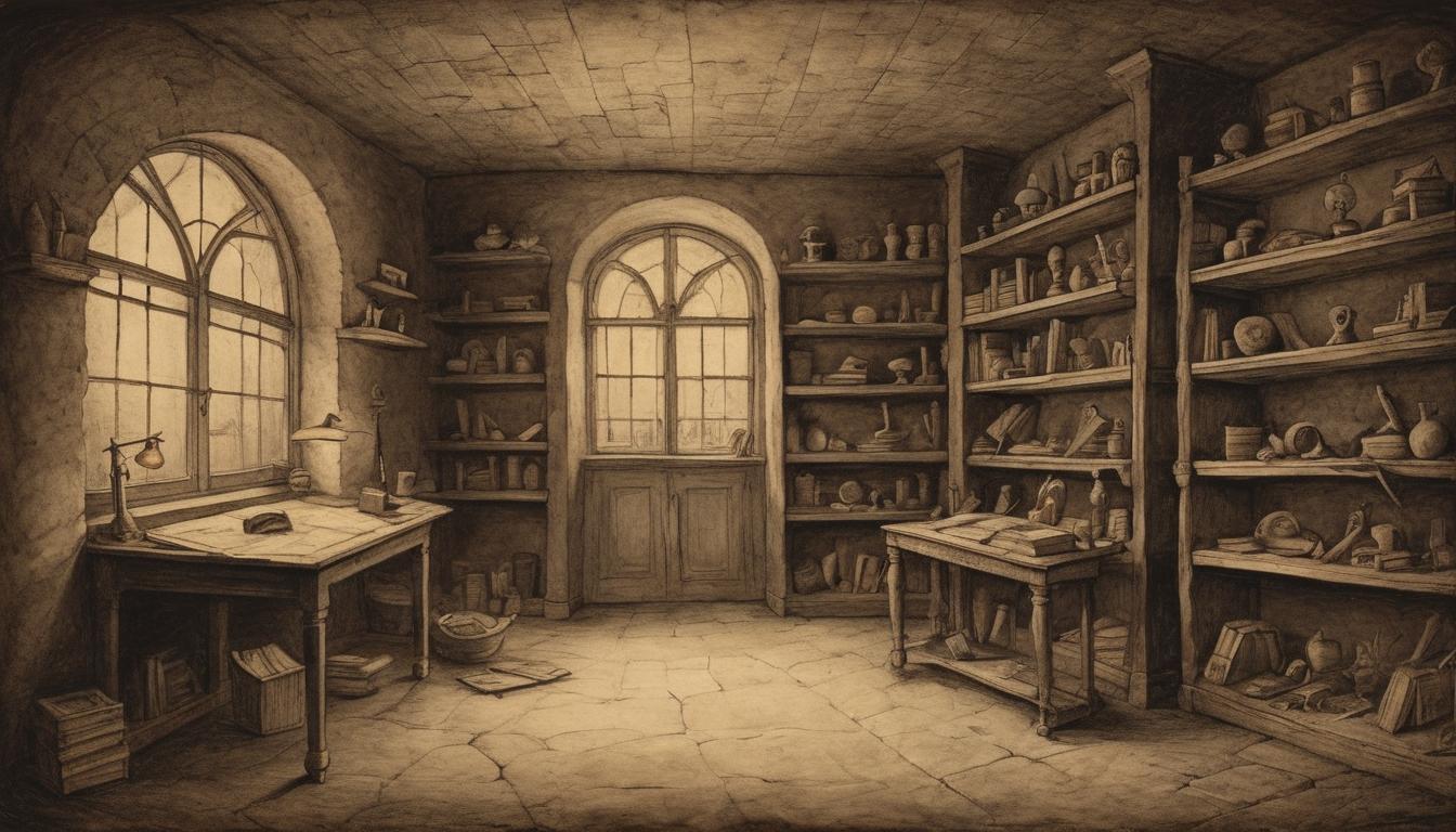  on parchment, surrealism++, a small, dimly lit room with narrow windows, dusty shelves filled with mundane items, feeling of confinement and limitation, suffocating, restricted, dull(mysterious, provocative, symbolic)++